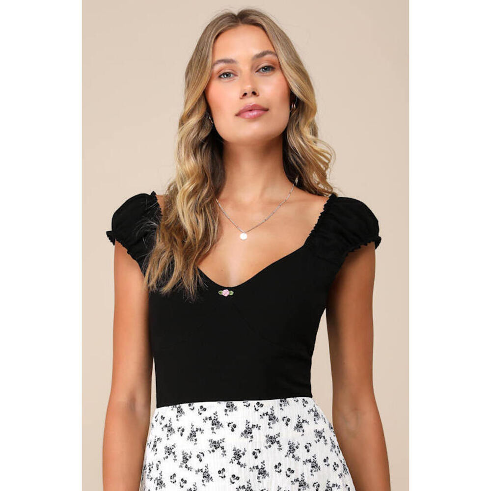 Lulus Lovely Attitude Black Rosette Ruffled Cap Sleeve Top - Size S - Picture 1 of 1